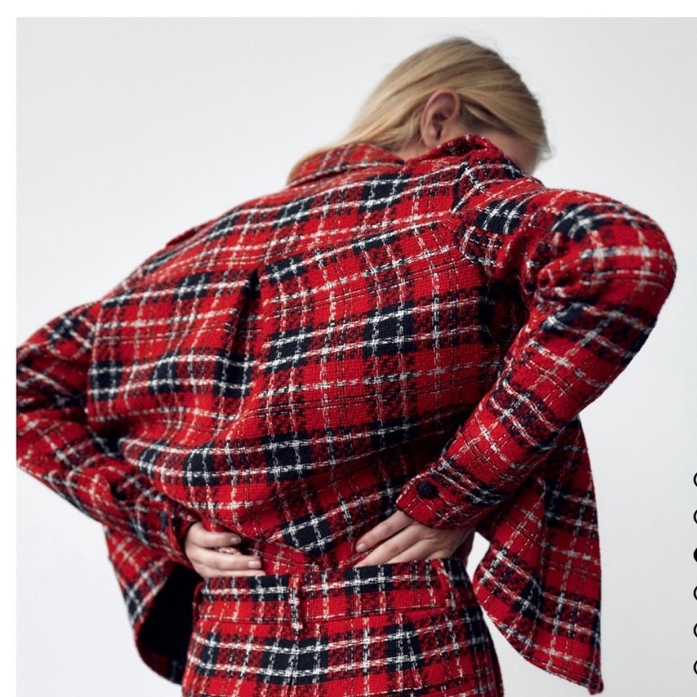 Zara Red and Black Checkered Cropped Jacket Size Medium - Picture 2 of 5
